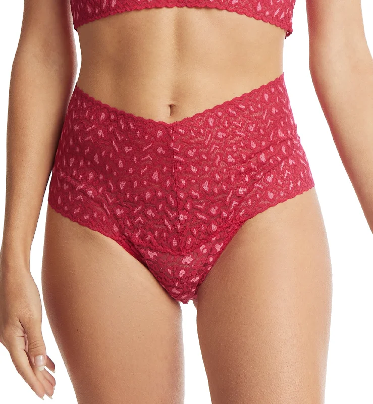 breathable panties for long flights-Hanky Panky Cross Dyed Leopard High-Waist Retro Thong (7J1921) - Berry Sangria/Pink