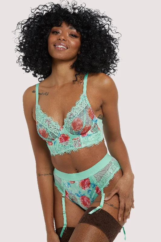 elegant lace briefs for weddings-Sabey Mint Floral Longline Bra