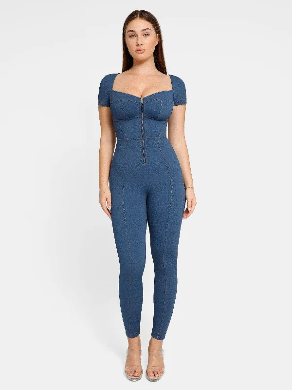 cozy thong for home relaxation-Shapewear Denim Short Sleeve Zip Front Butt Lift Jumpsuit