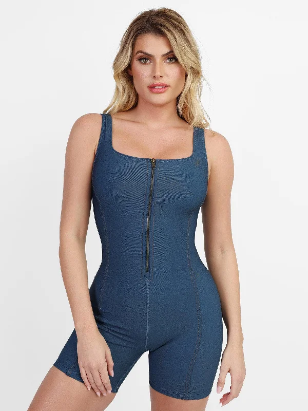 moisture-wicking thong for running-Shapewear Denim Square Neck Zip Front Sculpting Romper