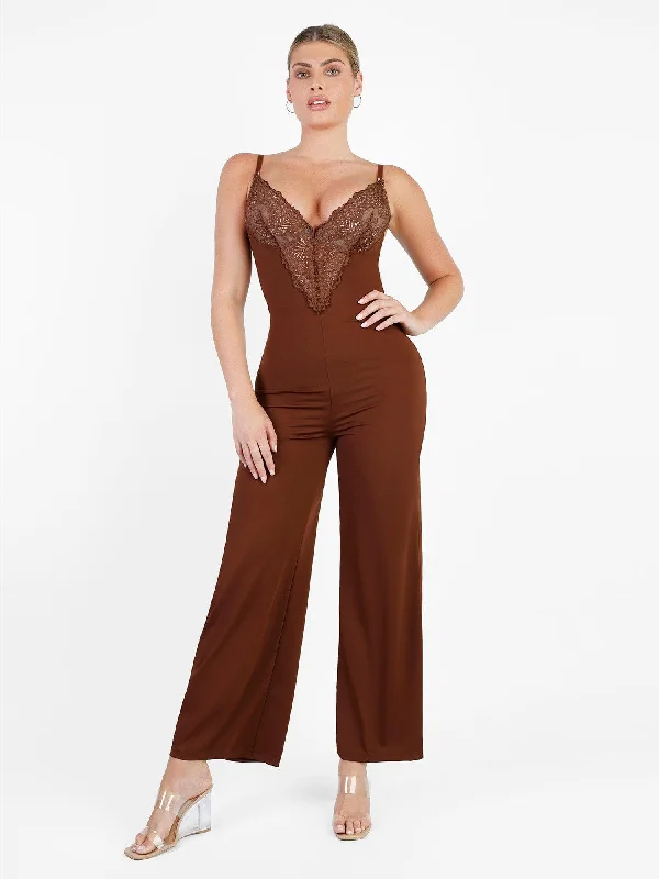 anti-slip thong for workouts-Shapewear Lace Deep V-Neck Sculpting Wide Leg Jumpsuit