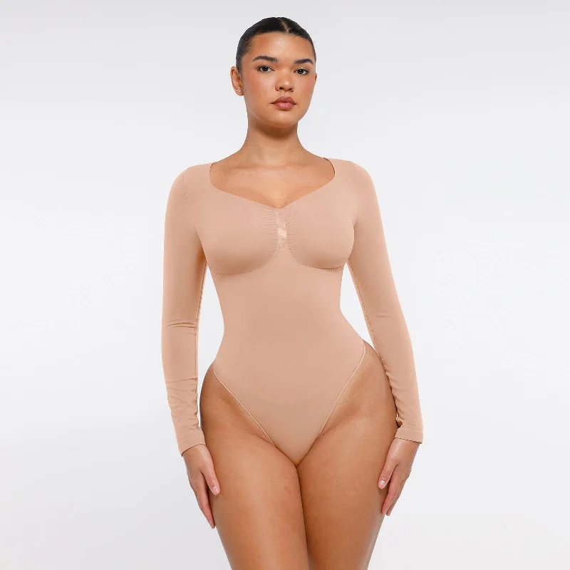 warm underwear for snowy days-Marcella - Seamless Long Sleeve Thong Bodysuit with Chest Support & Tummy Control