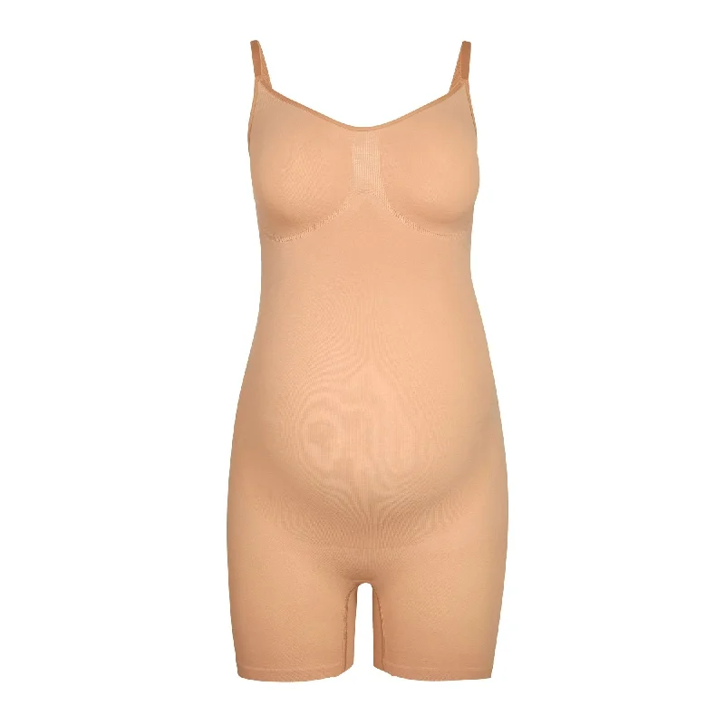 supportive thong for long shifts-MATERNITY SCULPTING BODYSUIT MID THIGH | OCHRE