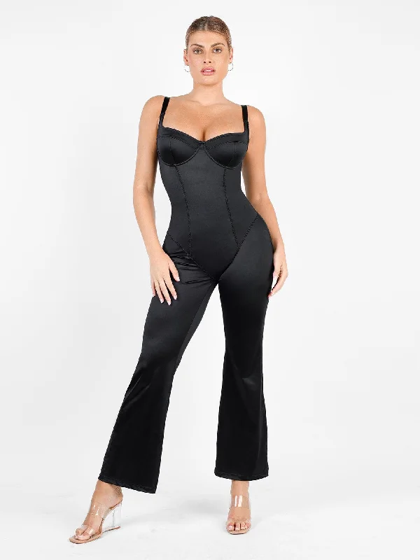 cozy Modal underwear for winter-Shapewear Sculpting Shine Flare Leg Corset Jumpsuit