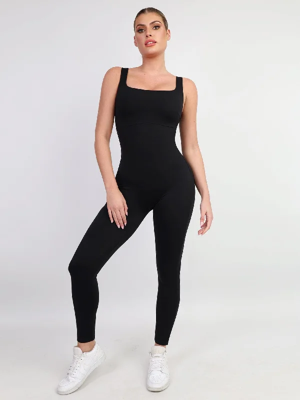 silky modal panties for softness-Shapewear Square Neck Thigh Slimming Workout Jumpsuit