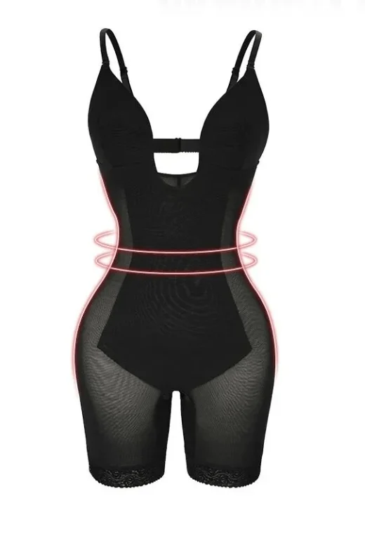 stylish lace panties for femininity-Plunging Front Low Back One Piece Shapewear - Mid Thigh