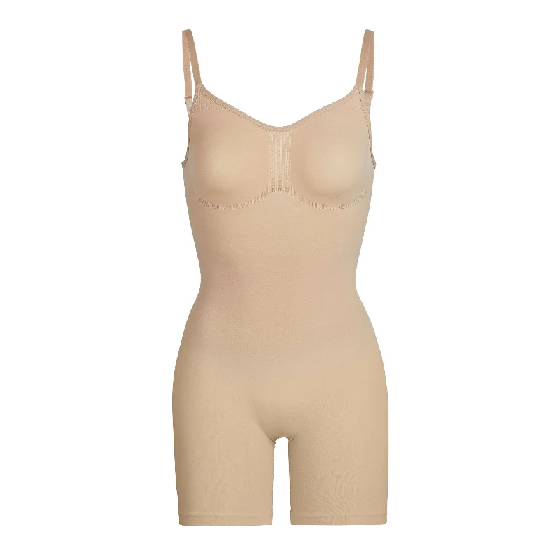 warm briefs for camping nights-SCULPTING BODYSUIT MID THIGH W. OPEN GUSSET | CLAY