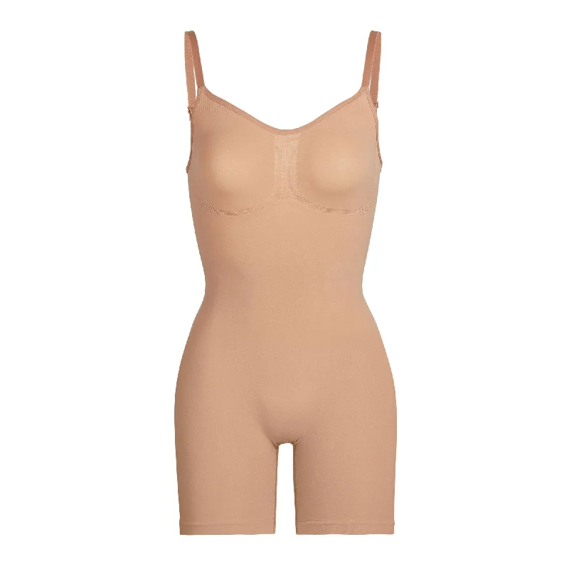 supportive panties for heavy flow-SCULPTING BODYSUIT MID THIGH W. OPEN GUSSET | OCHRE