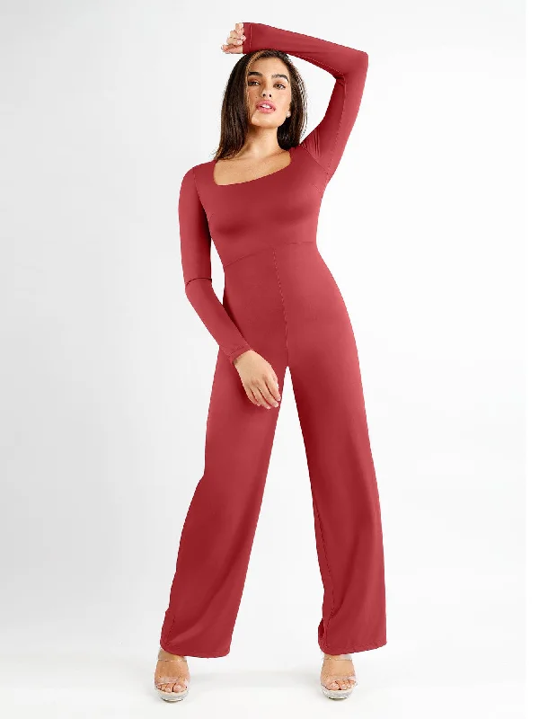 quirky panties with funny quotes-Shapewear Long Sleeve Square Neck Slimming Wide Leg Jumpsuit