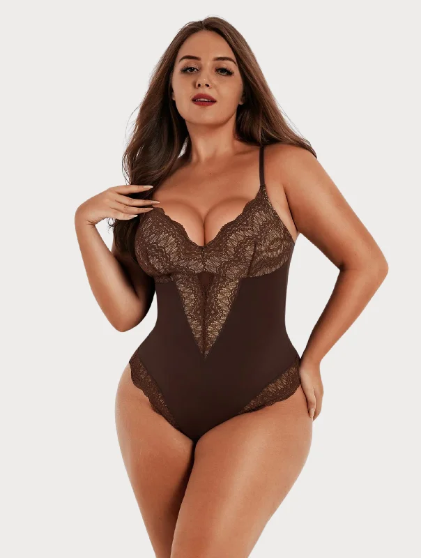 quick-dry panties for swimming-Sexy Lace Deep-V Neck Bodysuit